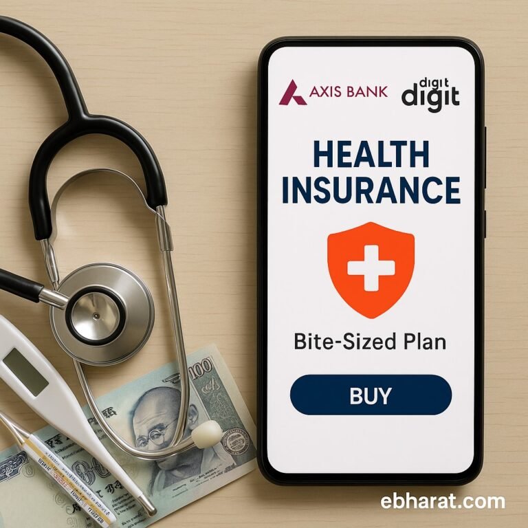 Axis Bank app showing bite-sized health insurance plan powered by Go Digit, with stethoscope and medical items in background.