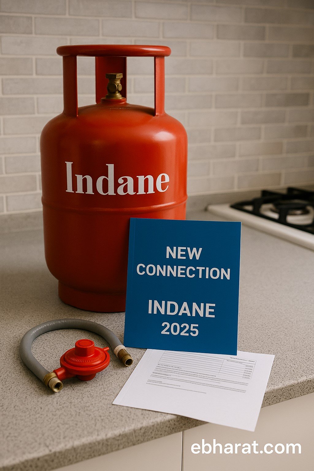 LPG gas connection kit and Indane 2025 welcome folder on a kitchen platform.