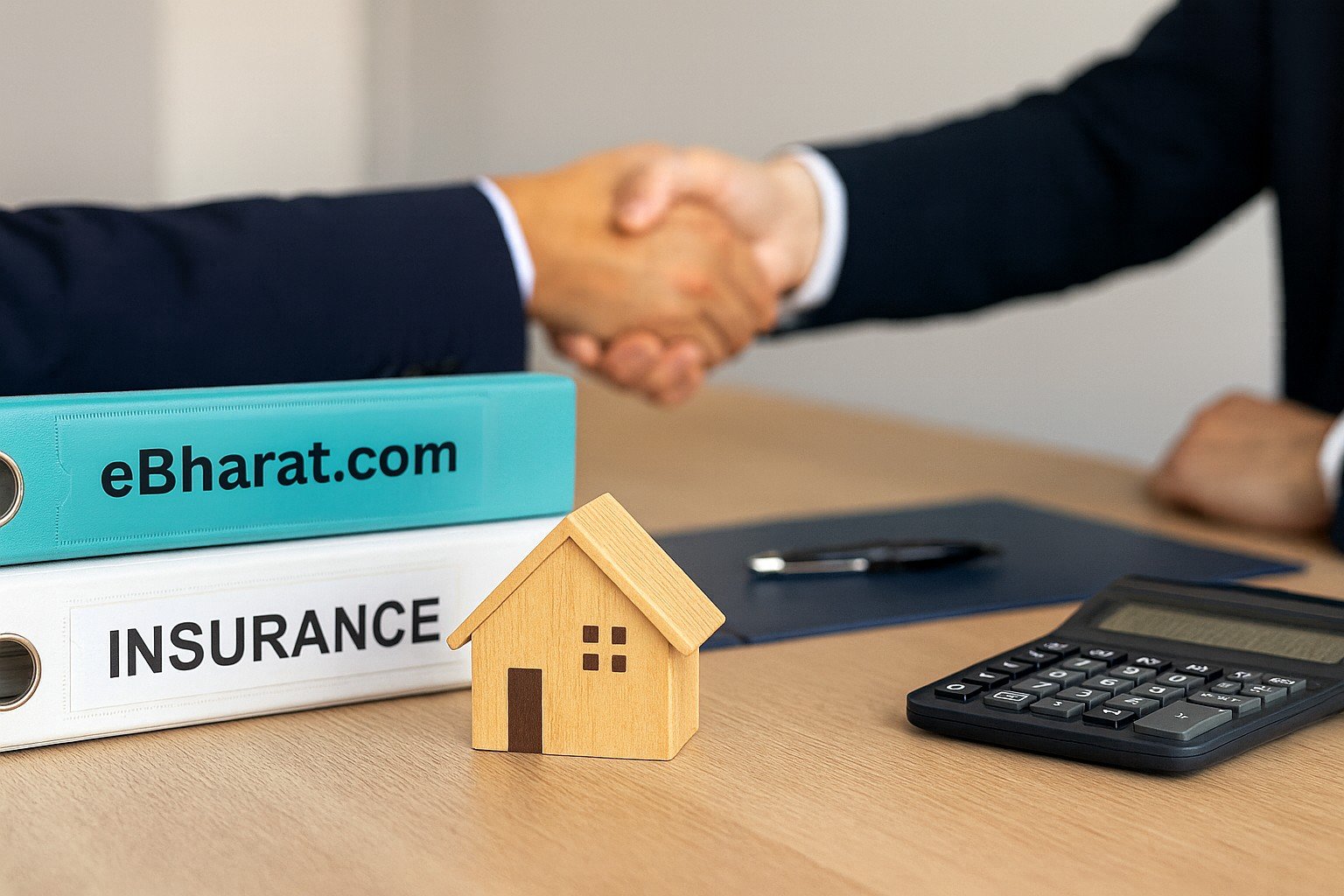 A wooden house model, calculator, and insurance binders on an office desk with two professionals shaking hands in the background. The top binder is labeled eBharat.com, symbolizing trust and partnerships in the reinsurance sector