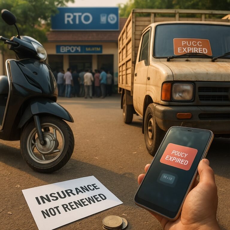“Parked uninsured Indian two-wheeler and goods vehicle with expired PUCC sticker and insurance slip on ground, beside an RTO office”