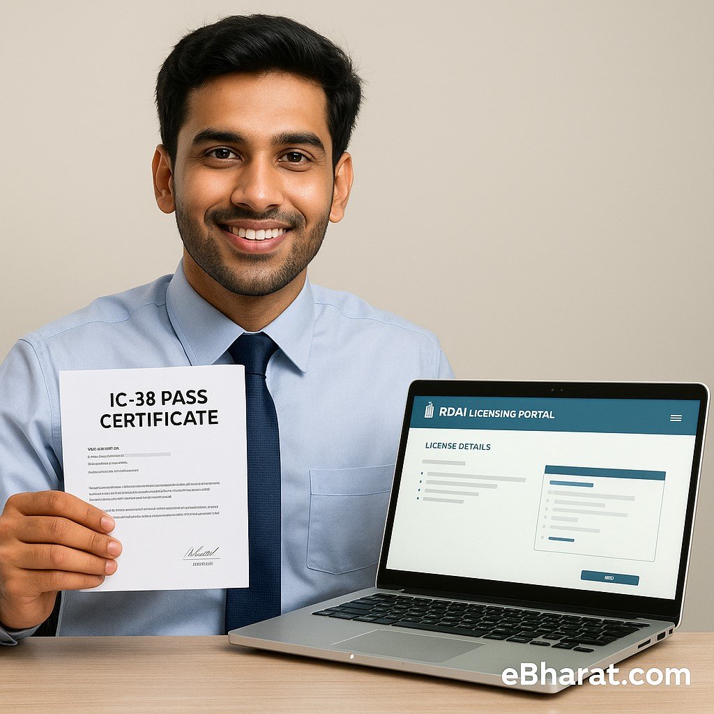 Indian professional with IC-38 certificate and laptop showing IRDAI license portal