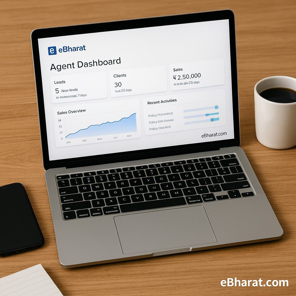 Laptop showing eBharat agent dashboard with phone, notepad, and coffee mug on table