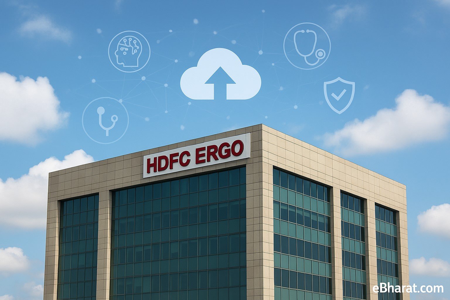 HDFC ERGO corporate office building under clear blue sky, with digital icons of cloud computing, AI, stethoscope, and health insurance overlayed, symbolizing cloud-native insurance delivery.