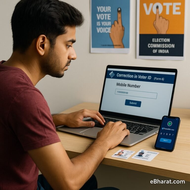 Indian citizen updating mobile number in Voter ID online on NVSP portal, with OTP verification on smartphone and Aadhaar card placed on desk.