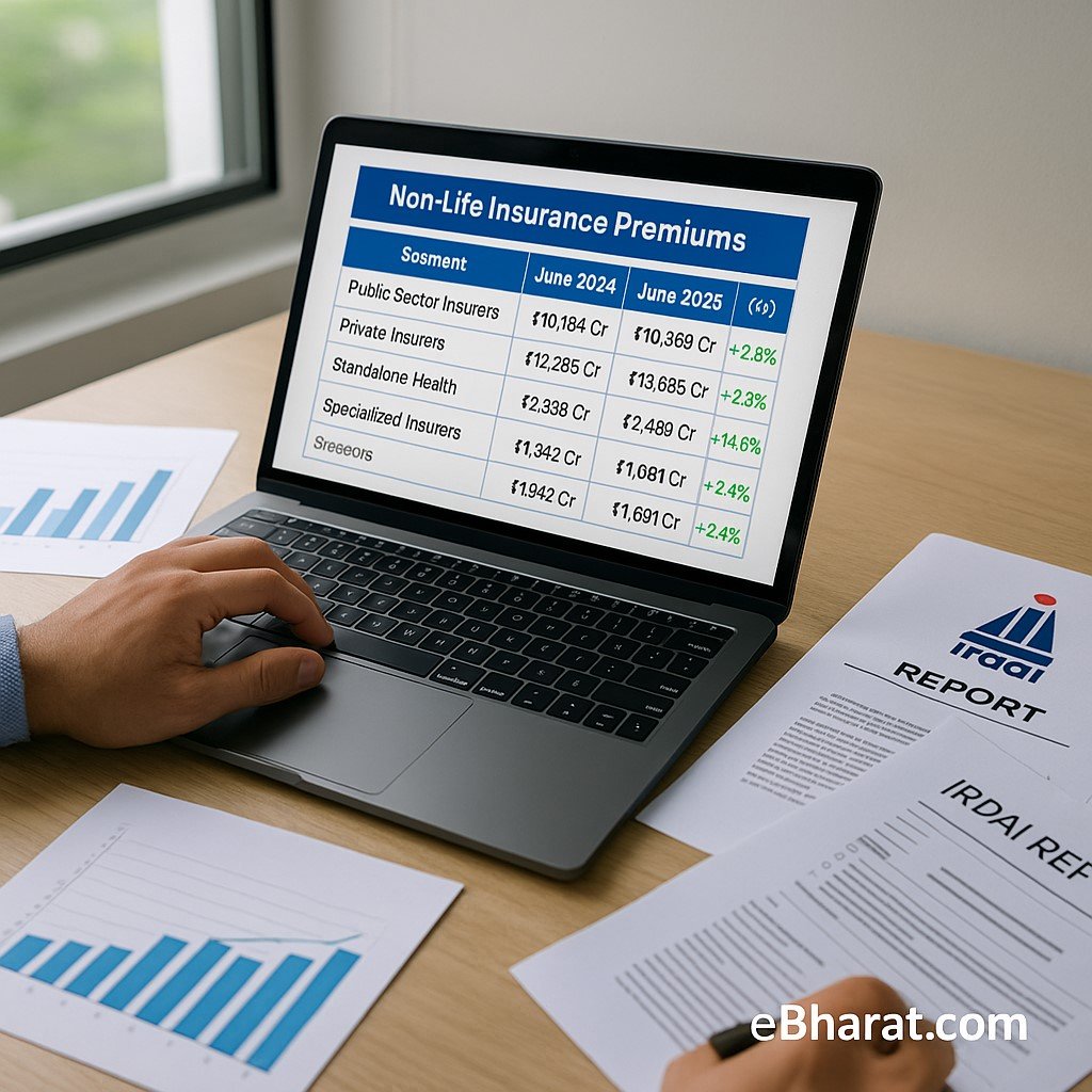 Financial analyst reviewing June 2025 non-life insurance premium data with charts