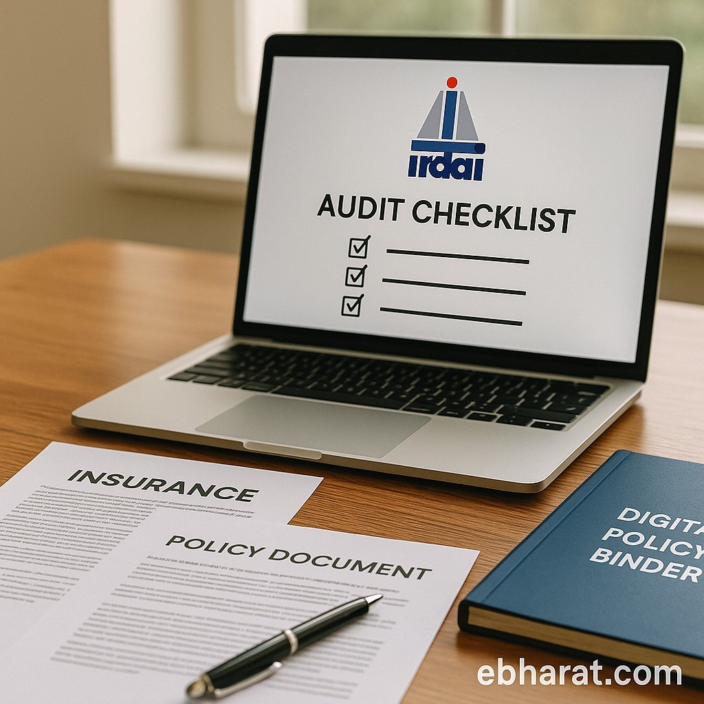 Laptop showing IRDAI audit checklist with printed policy documents and digital insurance repository folder on desk