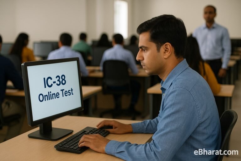 An Indian aspirant taking the IRDAI IC-38 exam on a computer in a supervised exam hall, preparing to become a licensed insurance agent.