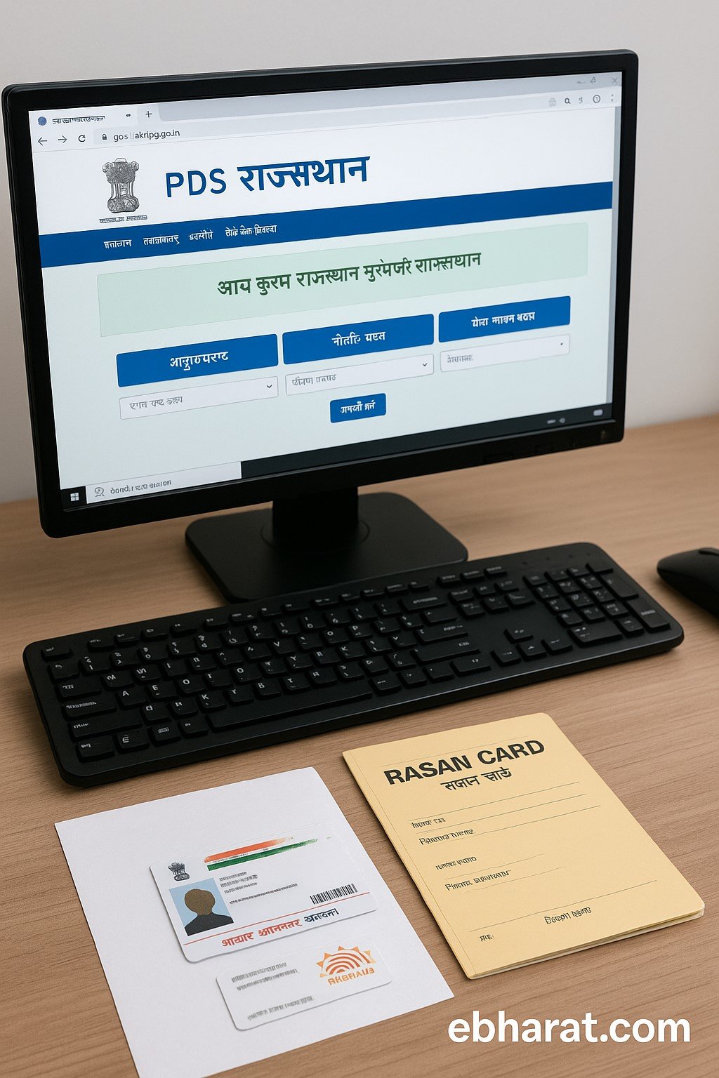 A desktop screen displaying the PDS Rajasthan portal, with a printed ration card and Aadhaar card placed beside the keyboard in a brightly lit office setting. No faces shown.