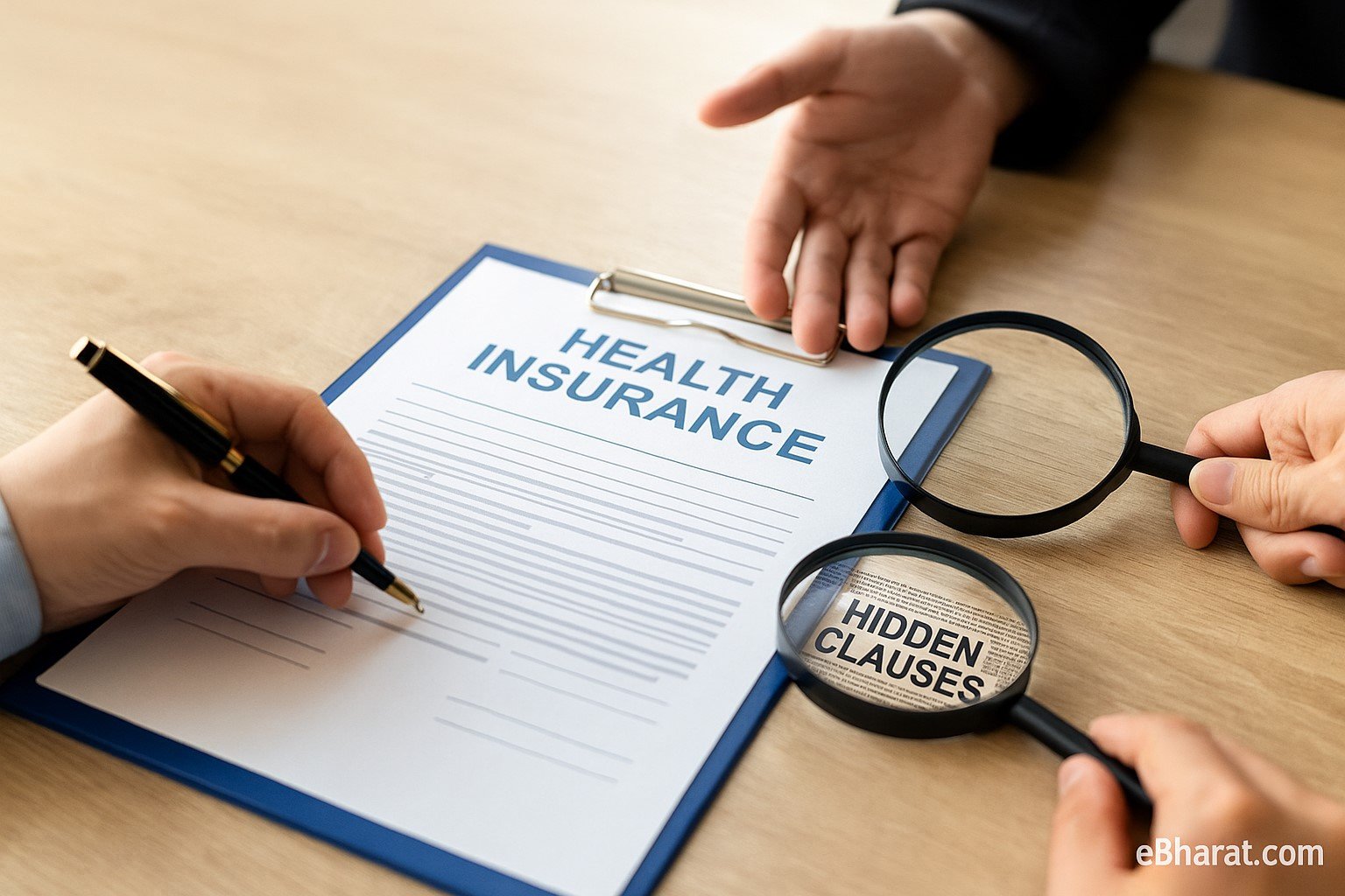 Health insurance form with magnified fine print showing hidden clauses