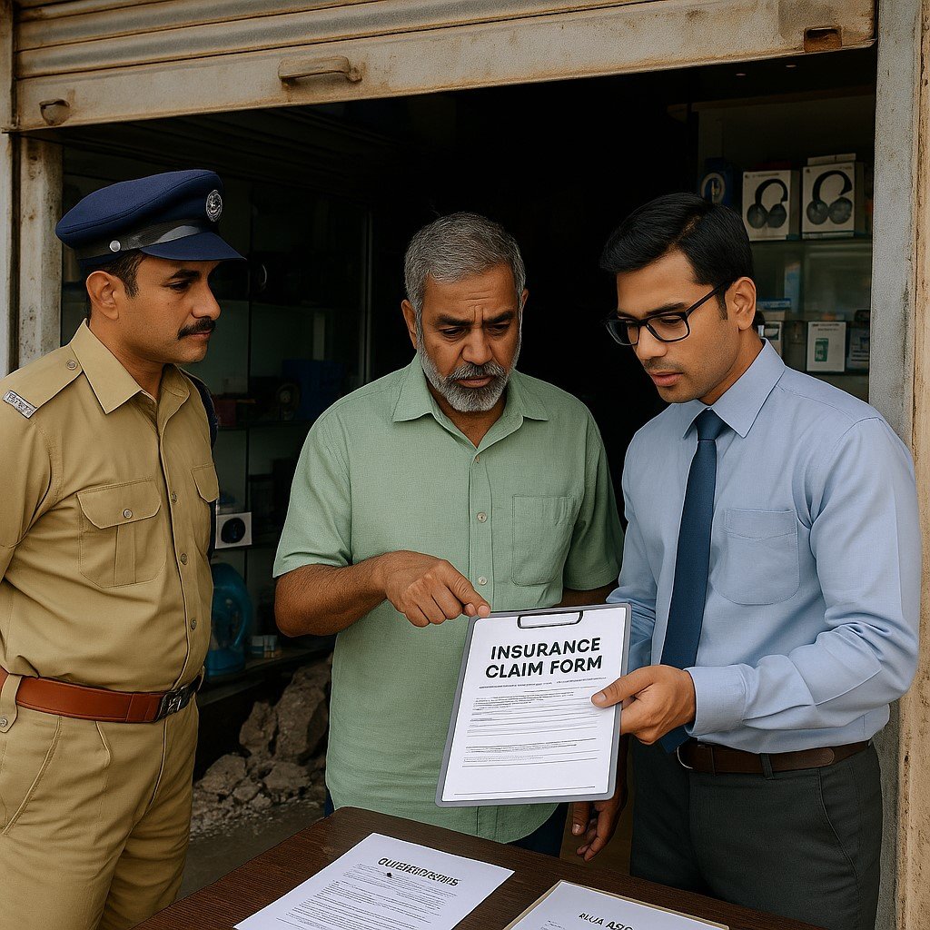 Indian shop owner with advisor and police officer filing a burglary insurance claim after theft, showing protection and recovery in 2025.
