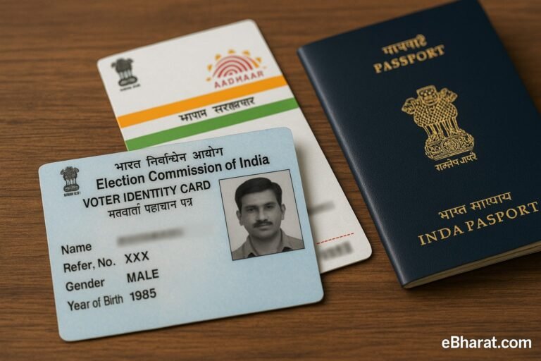 "Indian Voter ID with Aadhaar and passport on desk – 2025"
