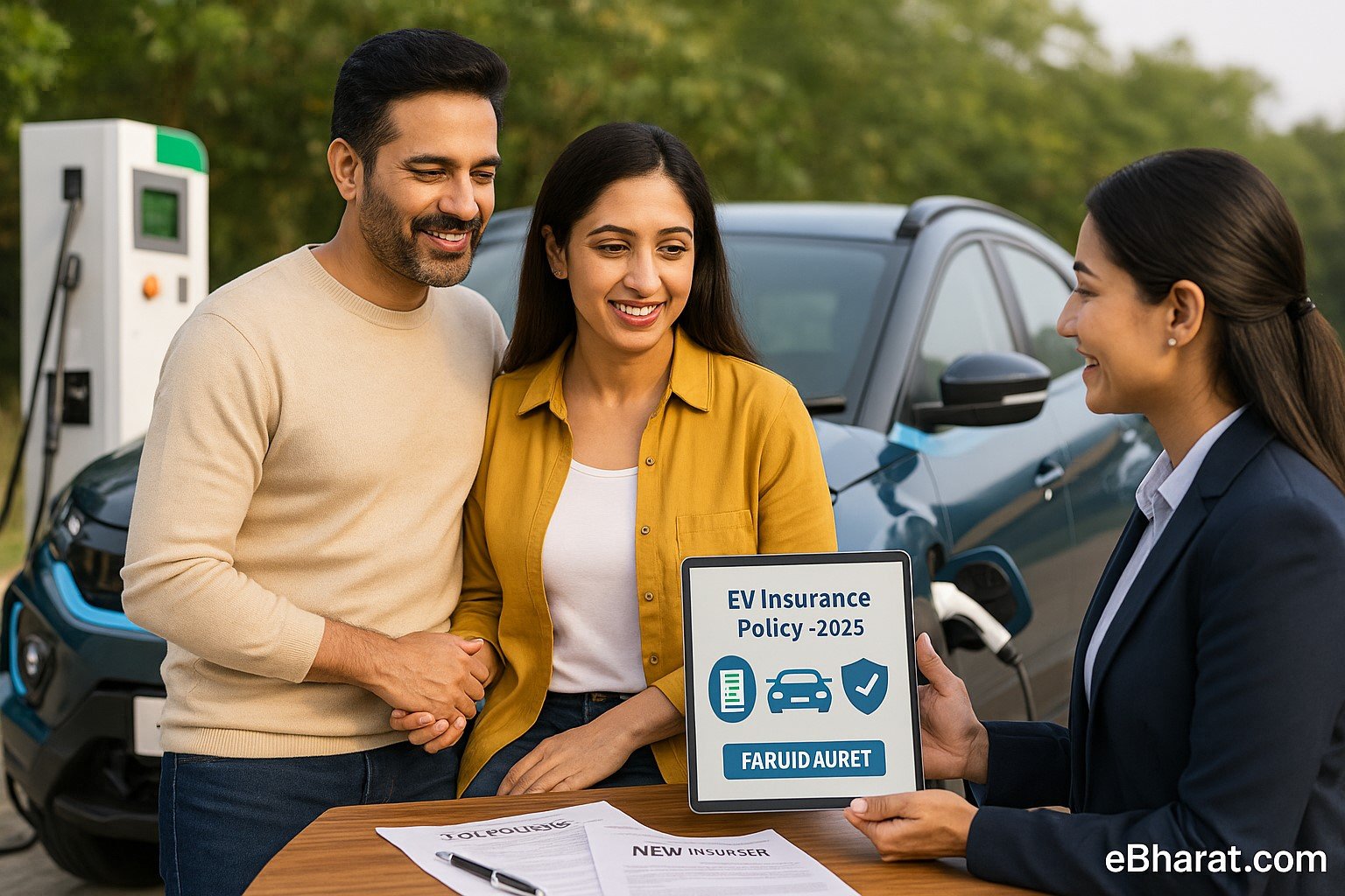 Indian couple with electric car at charging station reviewing EV insurance policy on tablet, symbolizing new premium models and IRDAI rules in 2025.