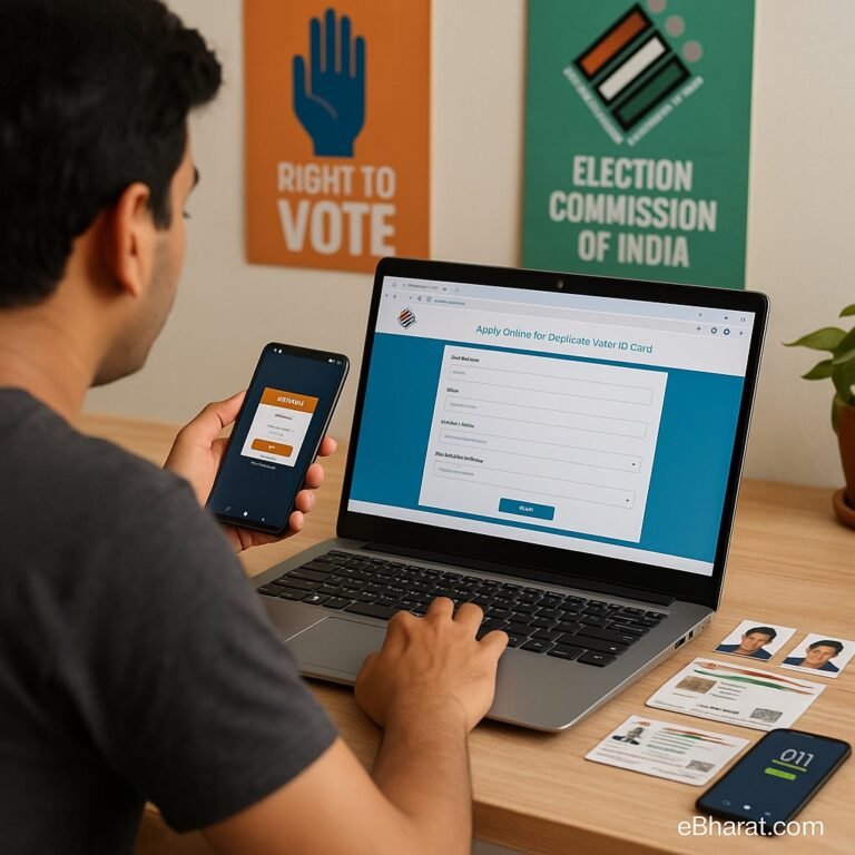 "An Indian citizen applying online for a duplicate Voter ID card on the NVSP portal using a laptop, with Aadhaar card, passport-size photos, and a smartphone showing OTP verification placed on the desk. Election commission posters in the background, bright indoor daylight setting."