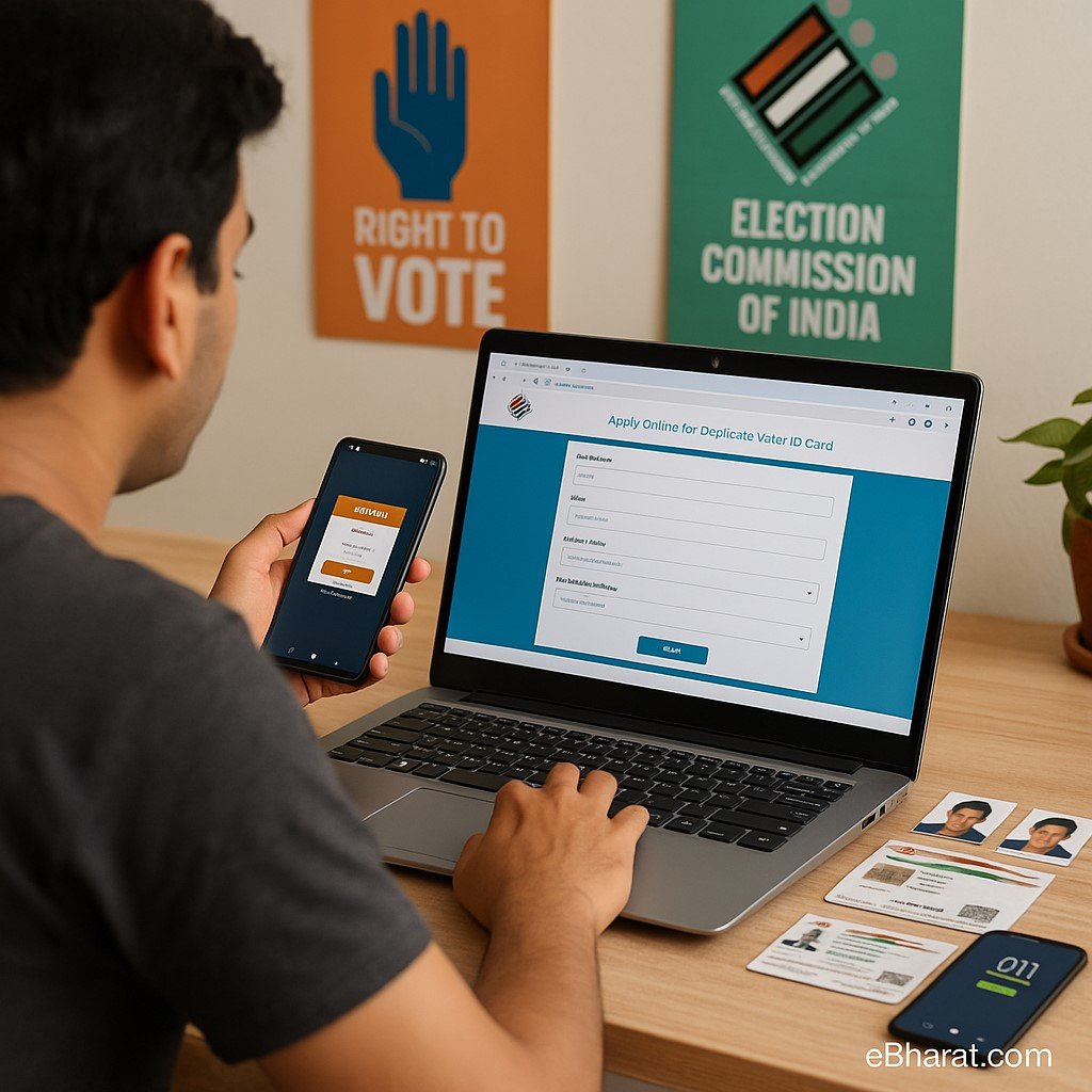 "An Indian citizen applying online for a duplicate Voter ID card on the NVSP portal using a laptop, with Aadhaar card, passport-size photos, and a smartphone showing OTP verification placed on the desk. Election commission posters in the background, bright indoor daylight setting."
