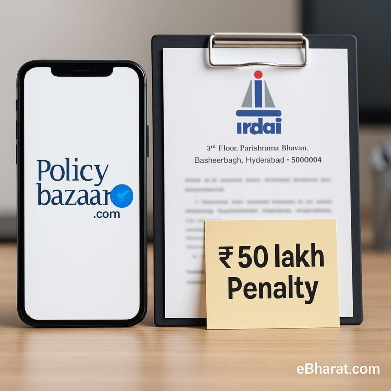 Smartphone displaying Policybazaar logo next to IRDAI notice clipboard with ₹50 lakh penalty tag in focus