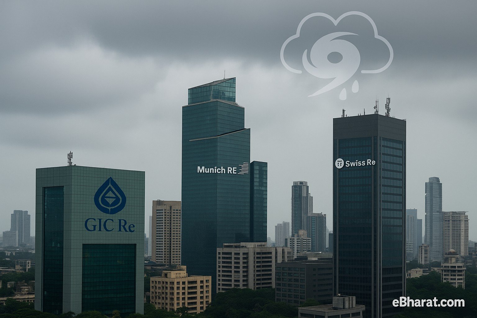 Infographic showing India’s reinsurance capacity growth from 2023 to 2025 with icons of risks and reinsurers - eBharat.com