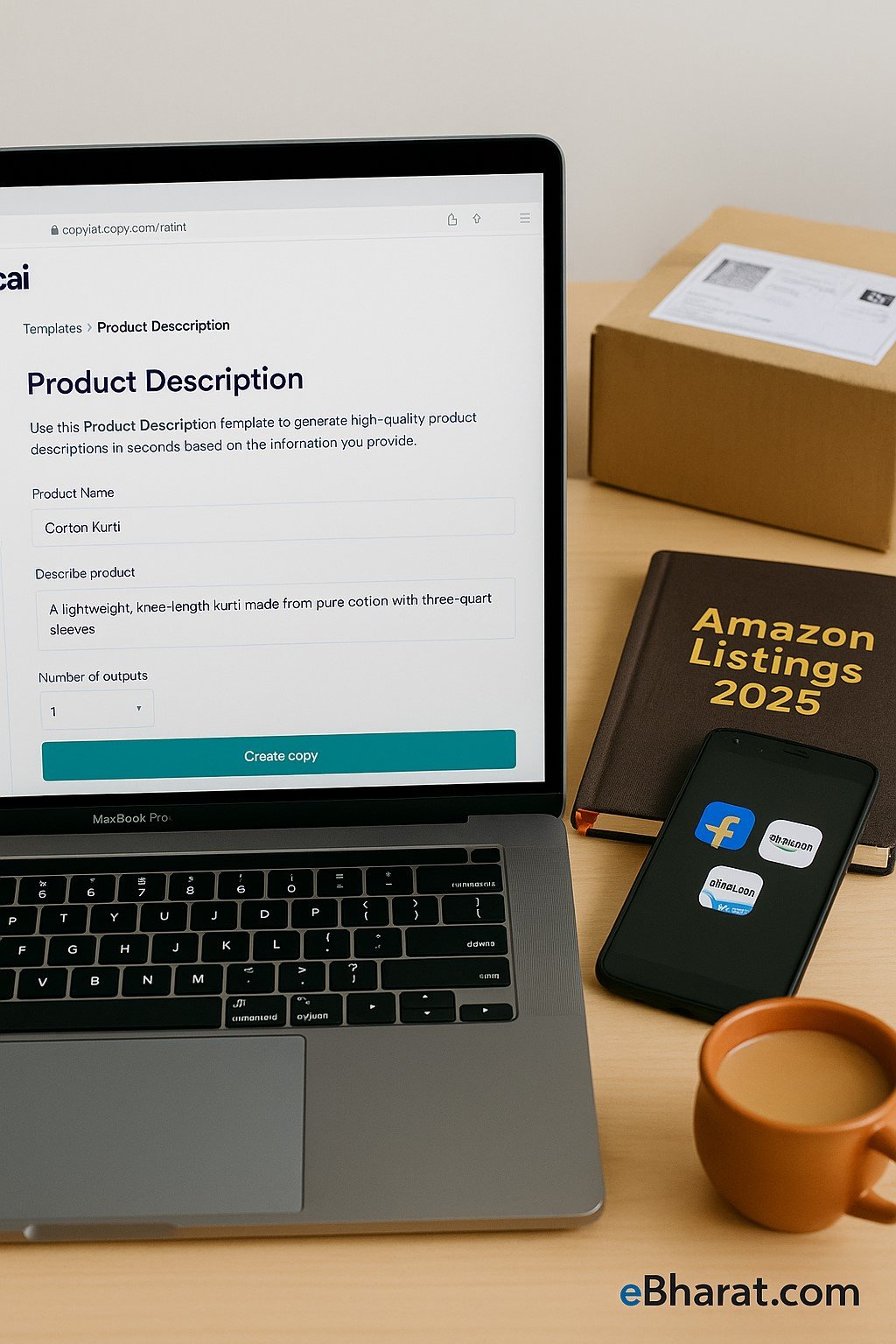 "Laptop displaying Copy.ai product description template with kurti details, alongside Amazon Listings 2025 diary, smartphone with Flipkart and Amazon apps, courier package, and chai cup."