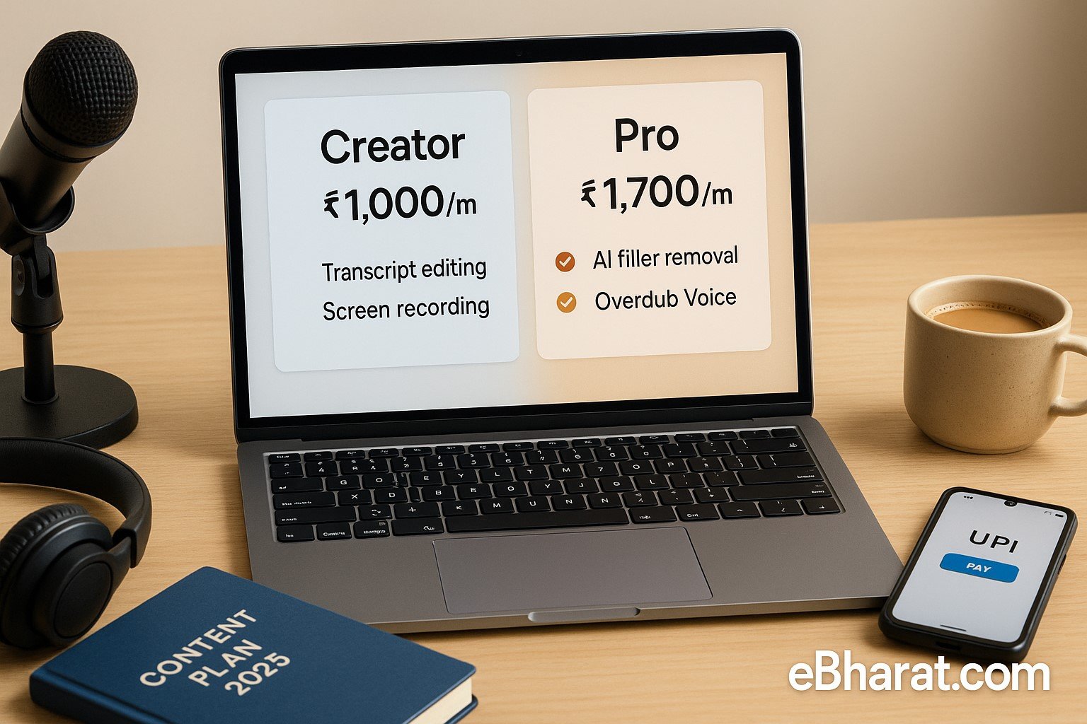 Laptop showing Descript Creator (~₹1,000) vs Pro (~₹1,700) pricing comparison, diary Content Plan 2025, microphone, UPI smartphone, and chai on desk.