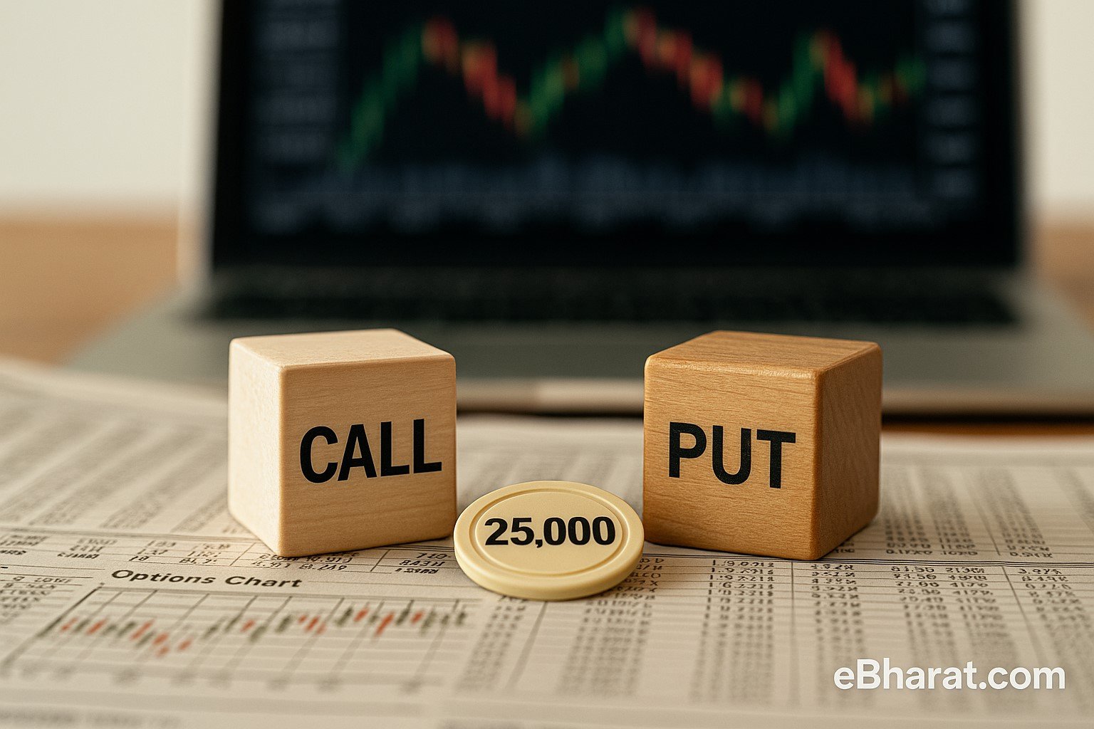 CALL and PUT cubes with token marked 25,000 on financial charts, symbolizing NIFTY options cluster