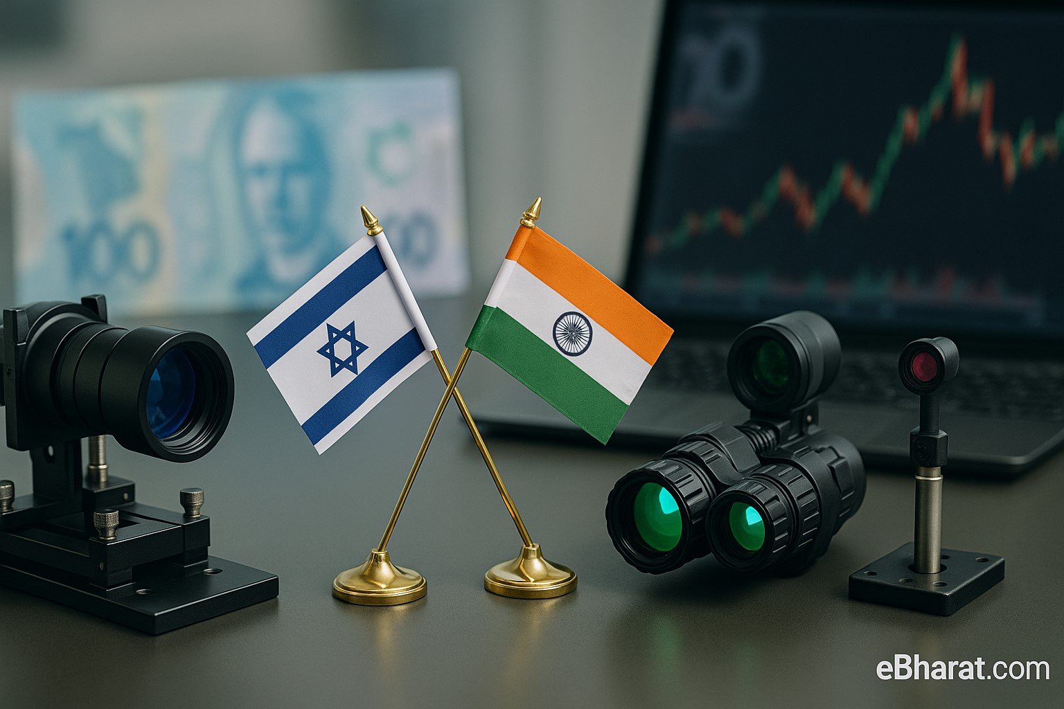 Defence lab table with electro-optical lenses, night-vision optics, and precision instruments alongside miniature Indian and Israeli flags, with CAD currency and a blurred stock chart in the background.”