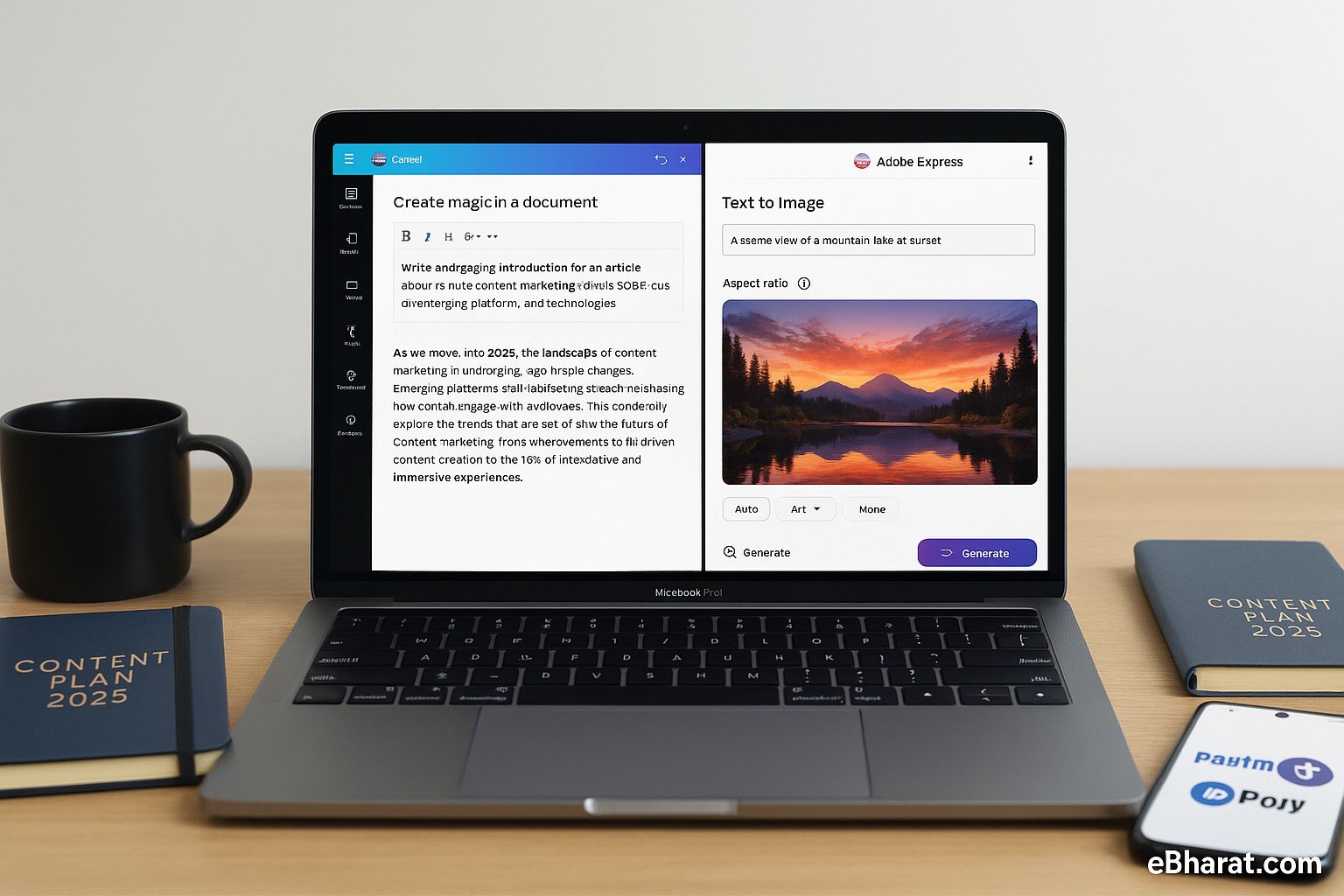 Laptop showing Canva Magic Write and Adobe Express + Firefly side by side.