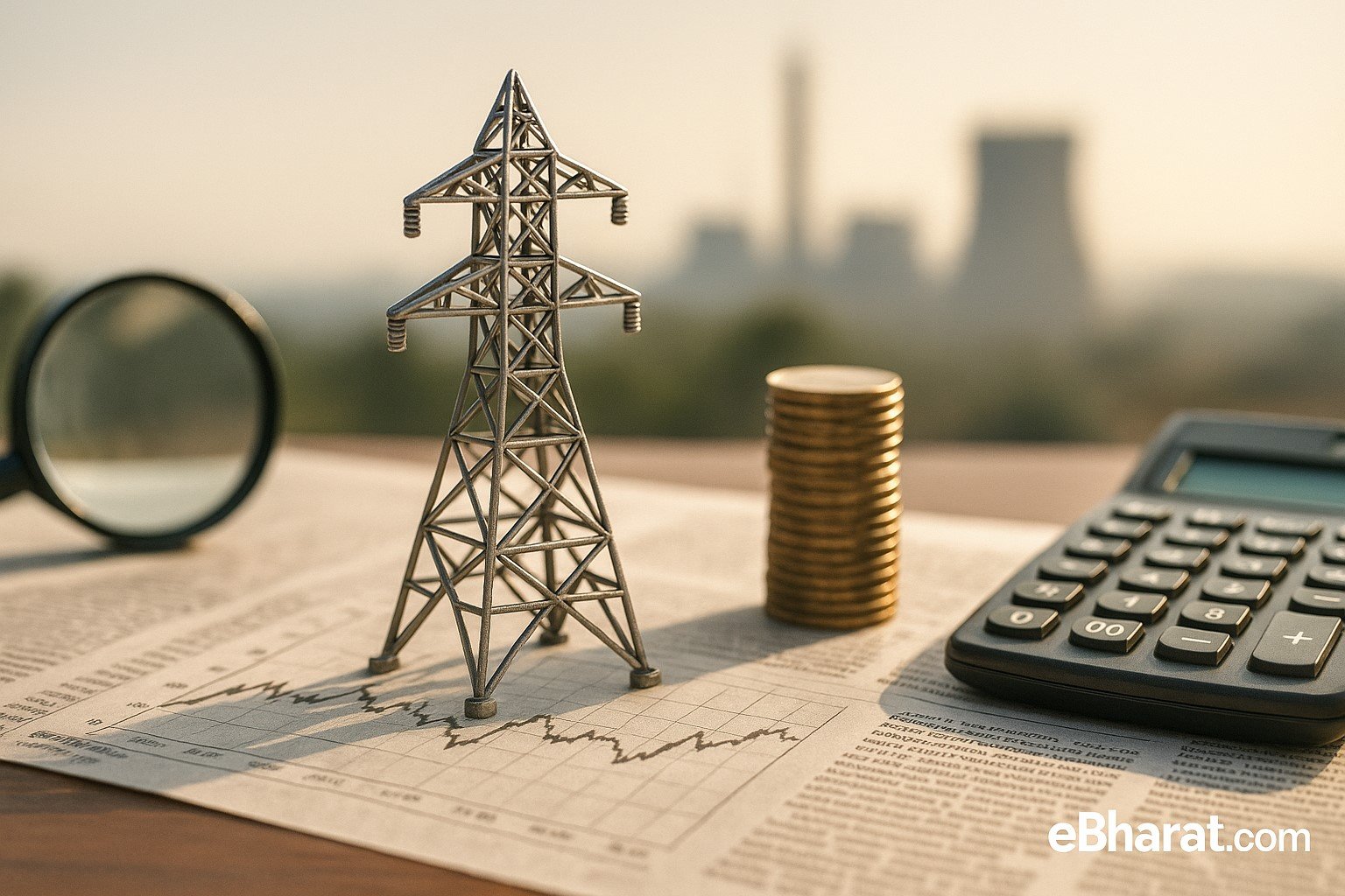 Mini power transmission tower with financial charts and coins, symbolizing Adani Power’s market turnover