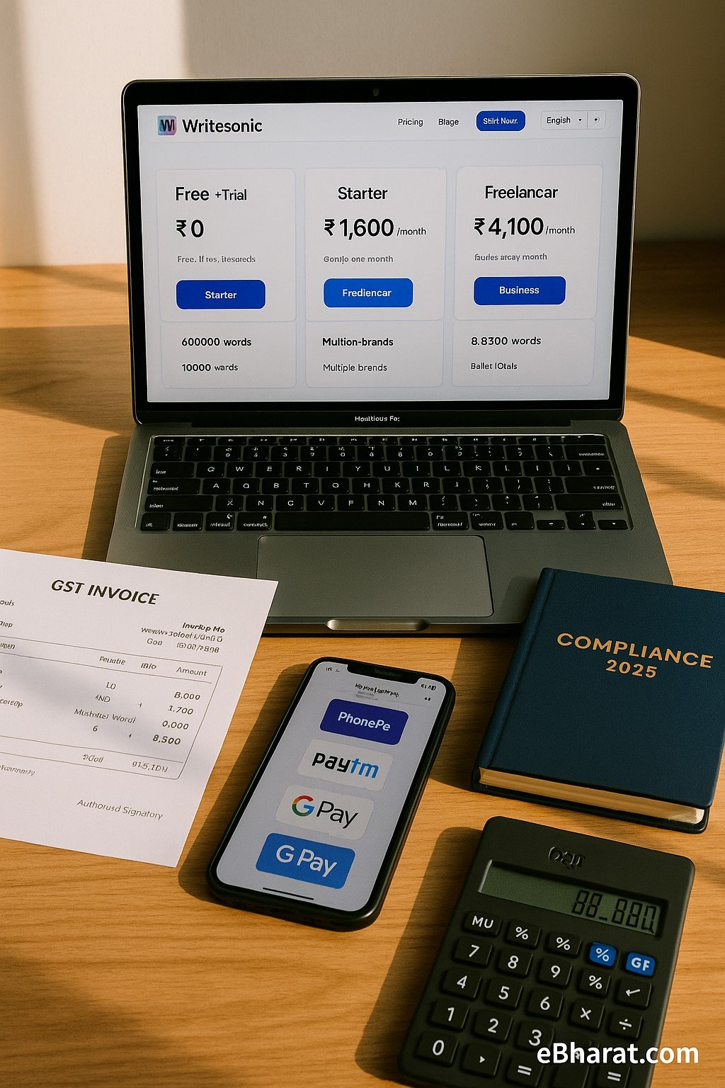"Laptop screen showing Writesonic pricing page with INR amounts, alongside GST invoice printout, smartphone with UPI apps (PhonePe, Paytm, GPay), Compliance 2025 diary, and calculator on desk."