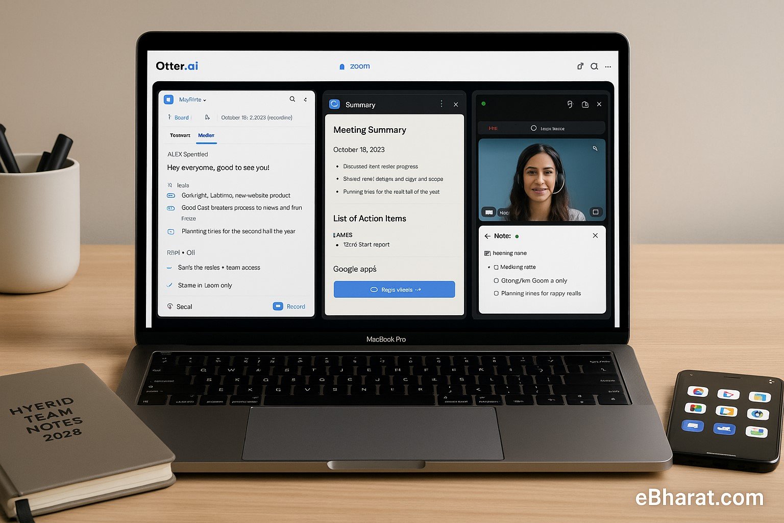 : Laptop showing Otter.ai, Zoom AI, and Google Notes dashboards side by side.