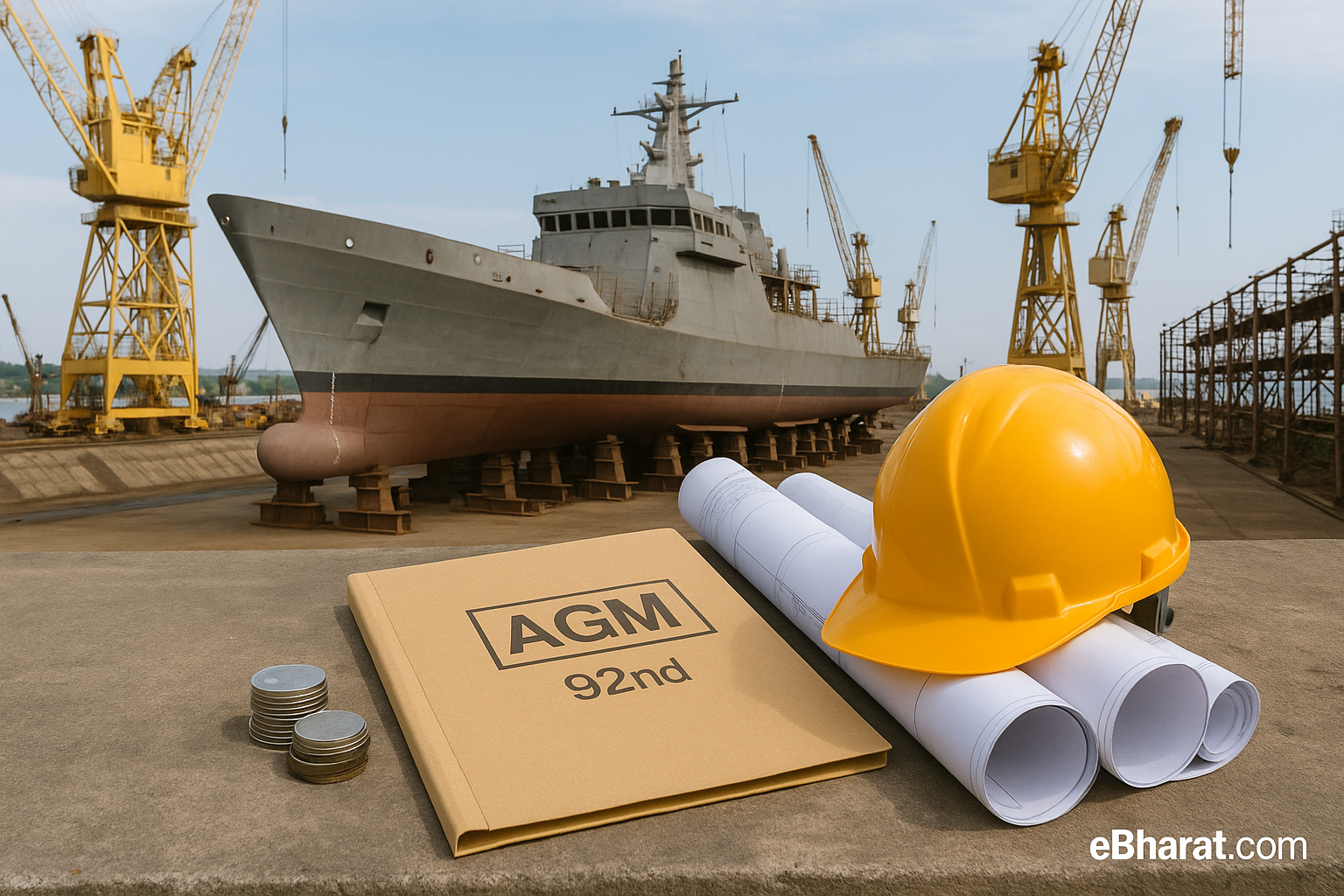 : “Naval ship under construction at a shipyard with hard hat and blueprints, signaling Mazagon Dock’s AGM and expansion plans.”