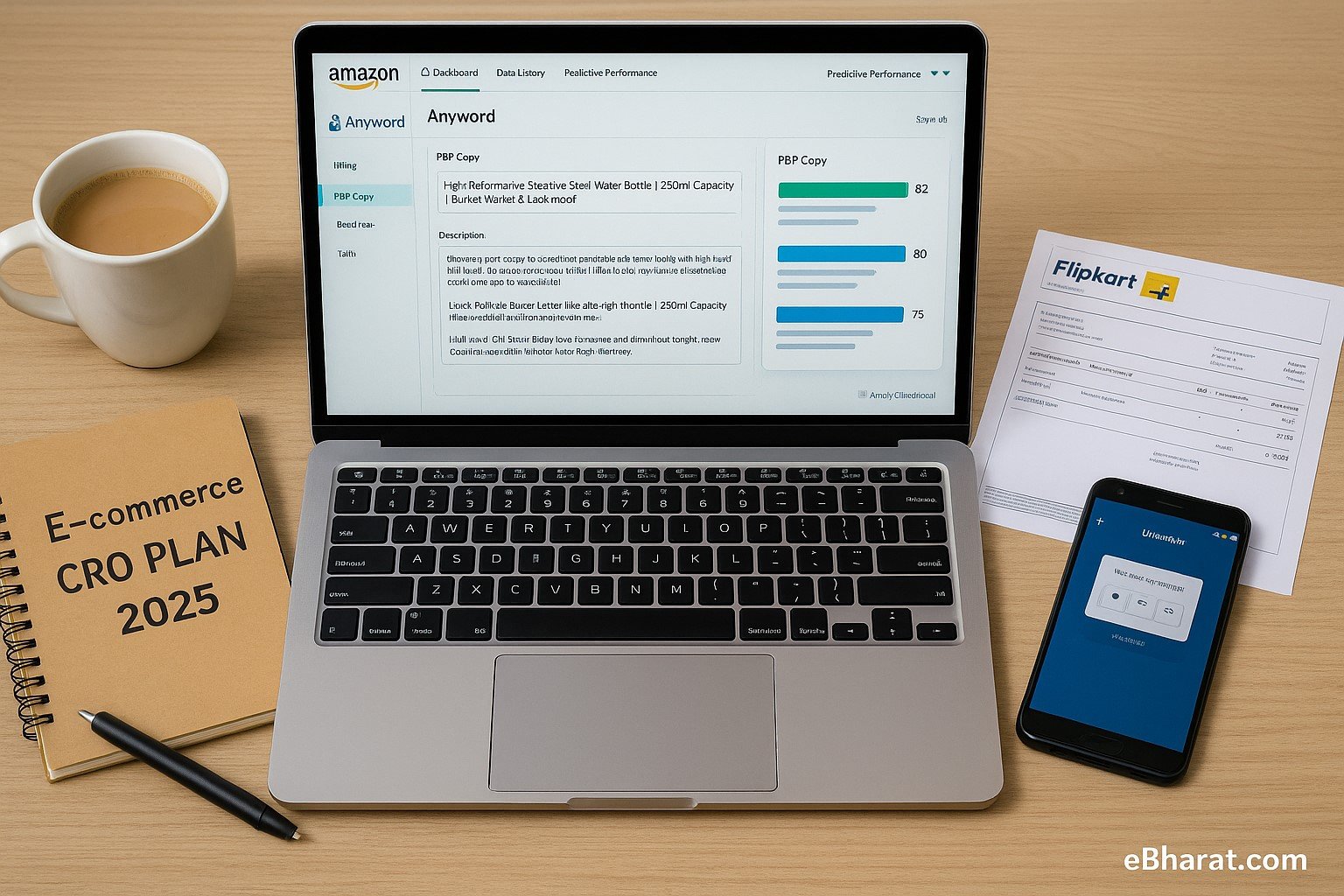 Laptop showing Amazon product editor with Anyword’s Predictive Performance Score bars, alongside a diary labeled “E-commerce CRO Plan 2025,” Flipkart seller invoice, and smartphone with UPI/Paytm checkout.