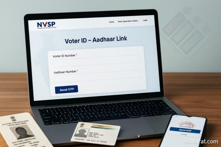 NVSP पोर्टल पर Voter ID – Aadhaar Link पेज और टेबल पर वोटर व आधार कार्ड।