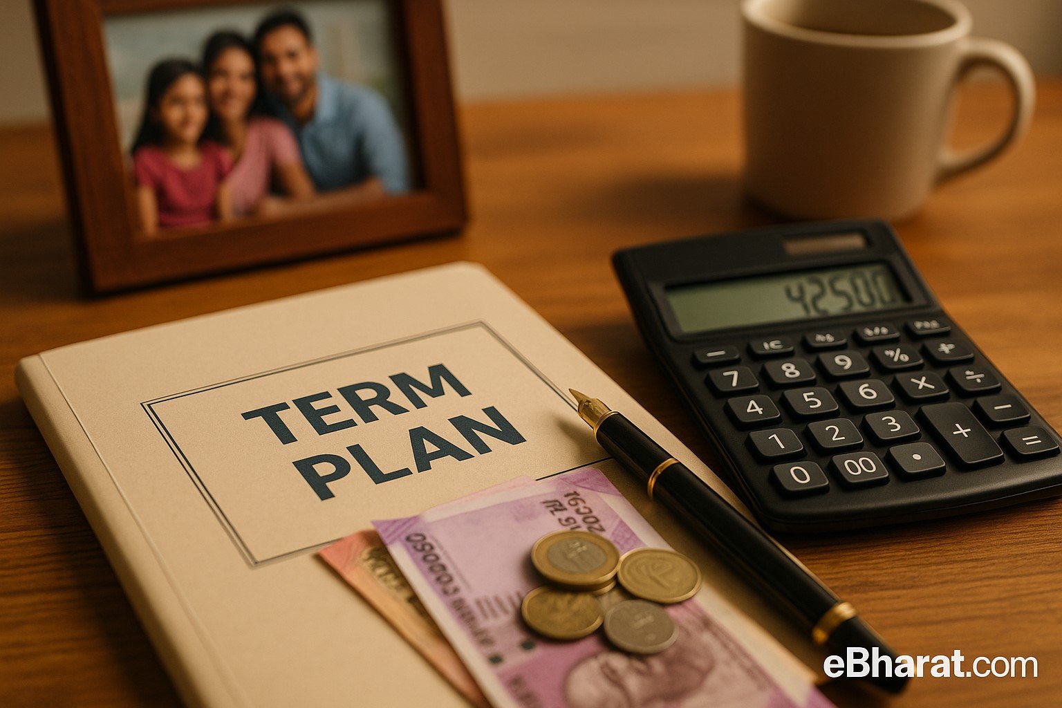 “Insurance policy file, calculator, rupee notes, and a family photo frame on a desk, symbolizing HDFC Life term plan selection.”