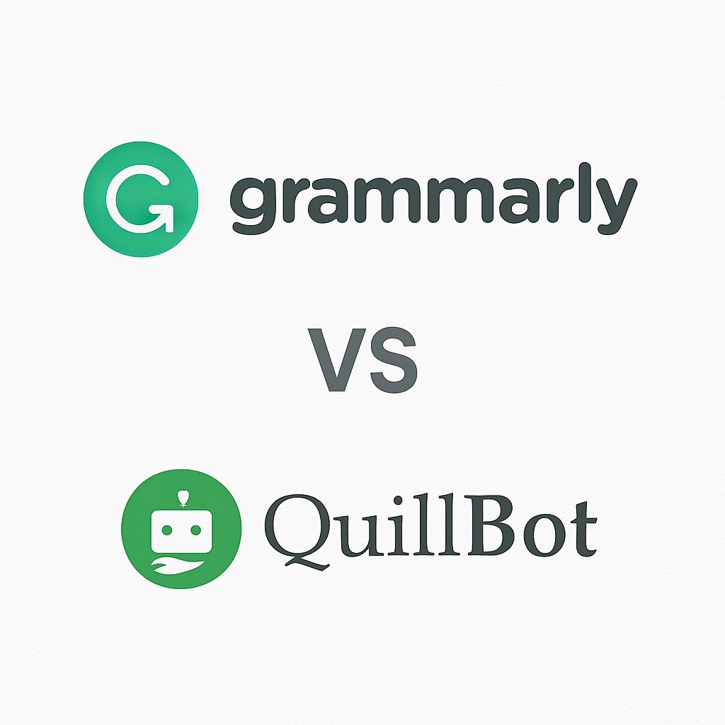 "Infographic comparison showing Grammarly logo and name on the left, QuillBot logo and name on the right, with a bold VS sign in the center on a clean white background."