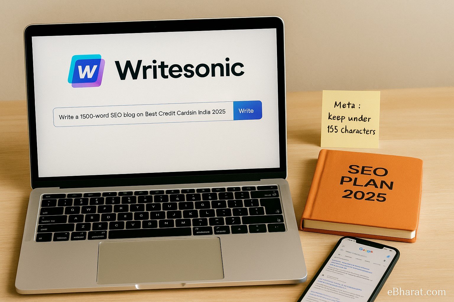 "Laptop displaying Writesonic with a prompt to write a 1500-word SEO blog on Best Credit Cards in India 2025, alongside SEO Plan 2025 diary, sticky note reminding meta under 155 characters, smartphone with Google search results, and eBharat.com watermark."