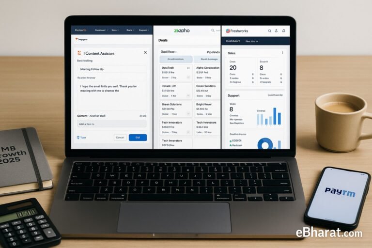 Laptop showing HubSpot, Zoho CRM, and Freshworks dashboards side by side with Indian SMB desk setup, diary SMB Growth 2025, and UPI smartphone