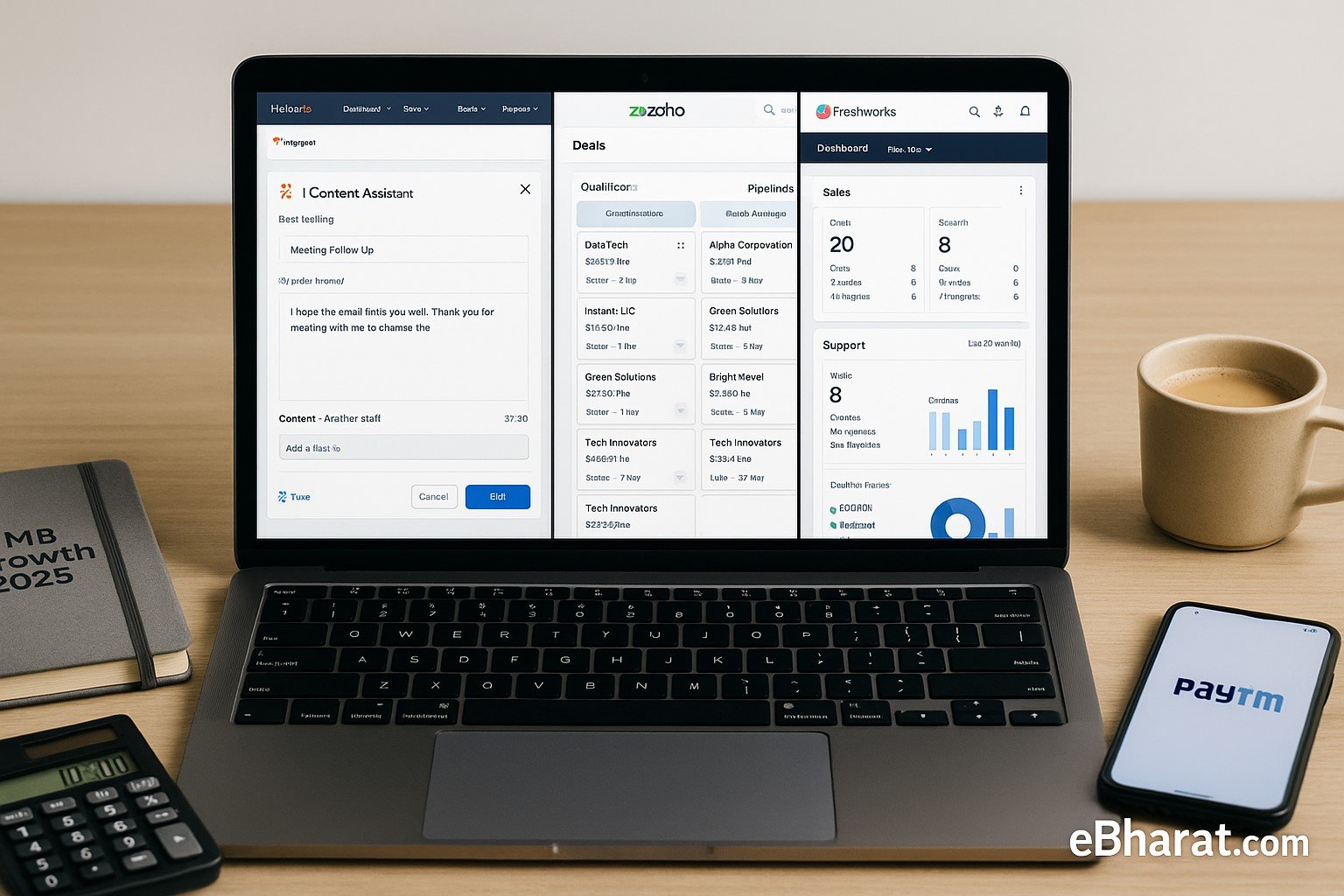 Laptop showing HubSpot, Zoho CRM, and Freshworks dashboards side by side with Indian SMB desk setup, diary SMB Growth 2025, and UPI smartphone