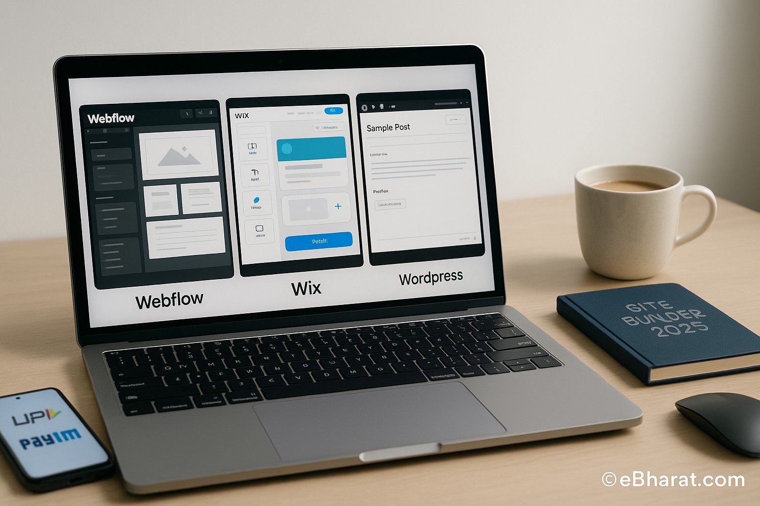 Laptop screen split into Webflow, Wix, and WordPress dashboards with diary, chai, and smartphone showing UPI app icons on desk.