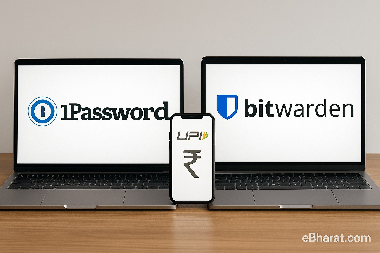 Two laptops showing 1Password and Bitwarden logos side-by-side with a smartphone displaying a UPI/₹ icon on a clean desk — eBharat.com watermark