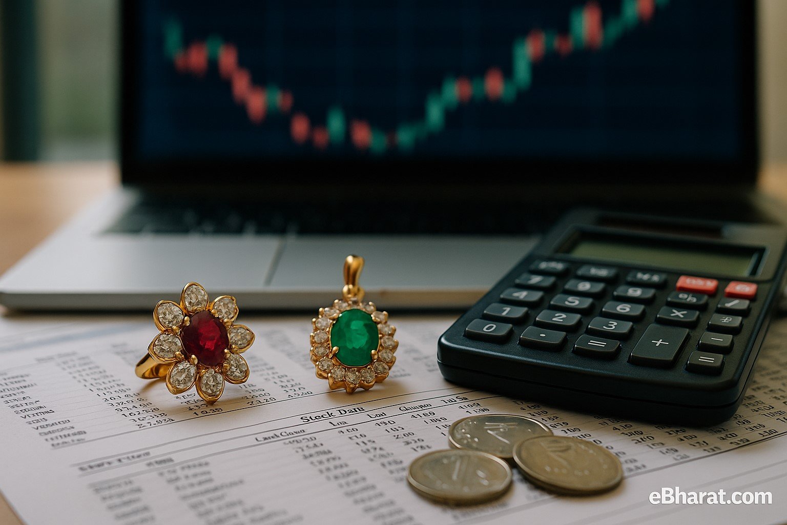 “Gemstone-studded jewellery with ruby and emerald pieces placed on stock market papers, alongside a calculator and rupee coins, with a blurred candlestick chart in the background.”