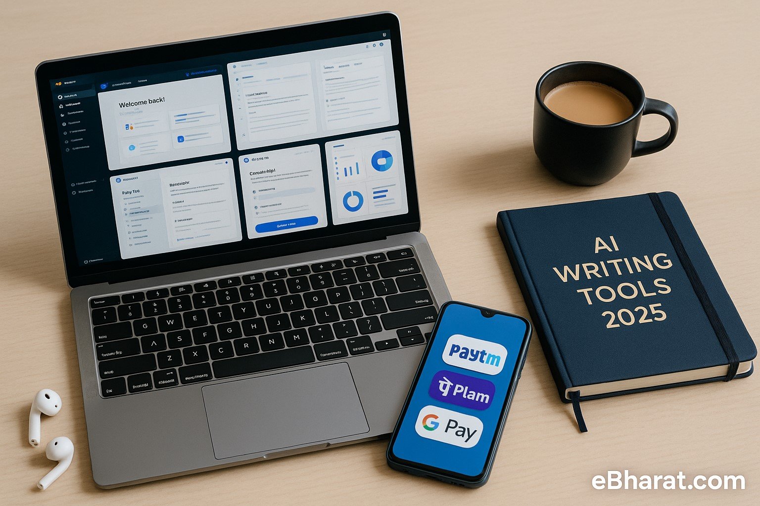 Laptop screen showing multiple AI writing tool dashboards with diary titled AI Writing Tools 2025, smartphone with UPI icons, chai, and earbuds on desk.