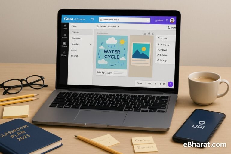 Laptop with Canva for Education dashboard showing a student project, diary Classroom Plan 2025, UPI smartphone, and chai on desk