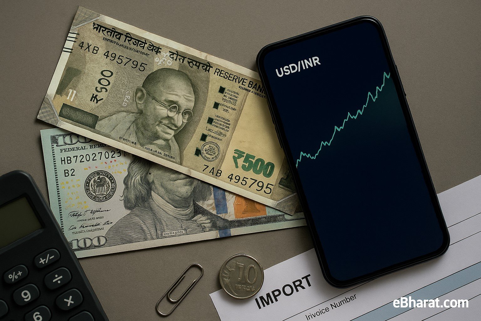₹500 note beside US $100 with phone chart of USD/INR rising, indicating rupee weakness.”
