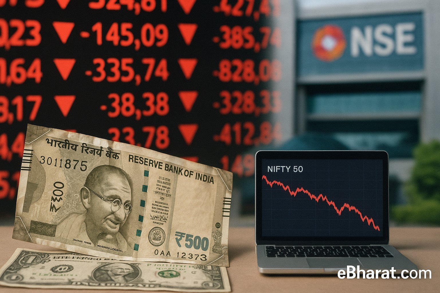 "Rupee weakens to record low against dollar with Nifty opening lower, showing stock market ticker and currency notes."