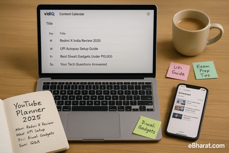 Laptop with vidIQ content calendar, diary YouTube Planner 2025, smartphone with YouTube Studio, sticky notes with keywords, and chai on desk.