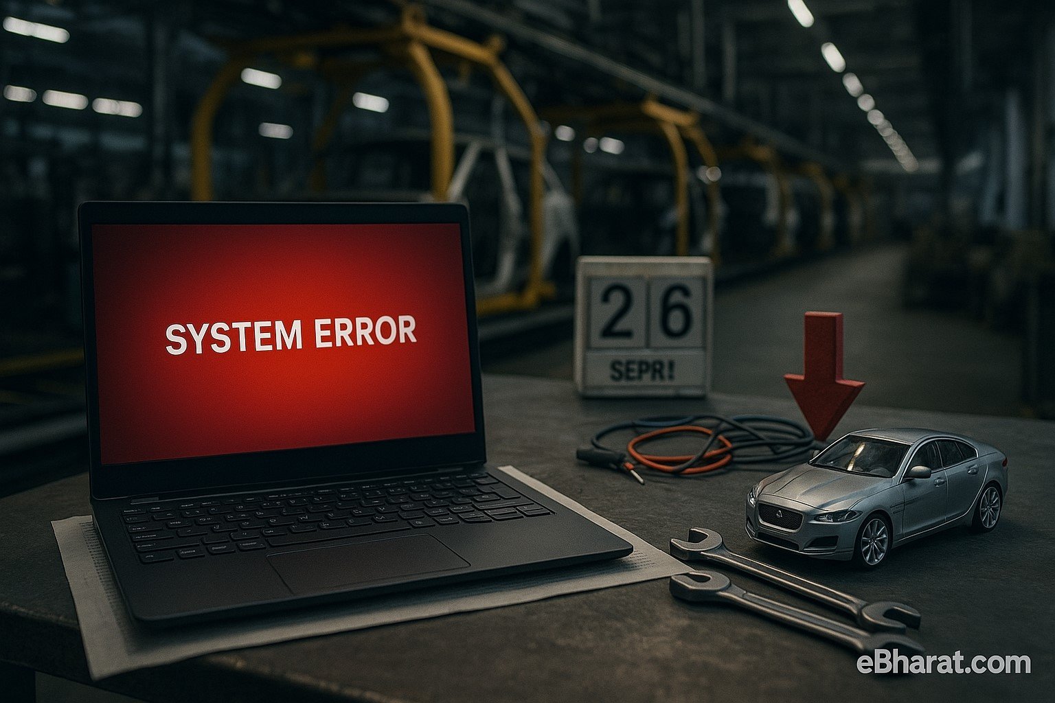 “Automotive assembly line halted with laptop showing error screen and Jaguar car model symbolizing JLR cyber outage.”