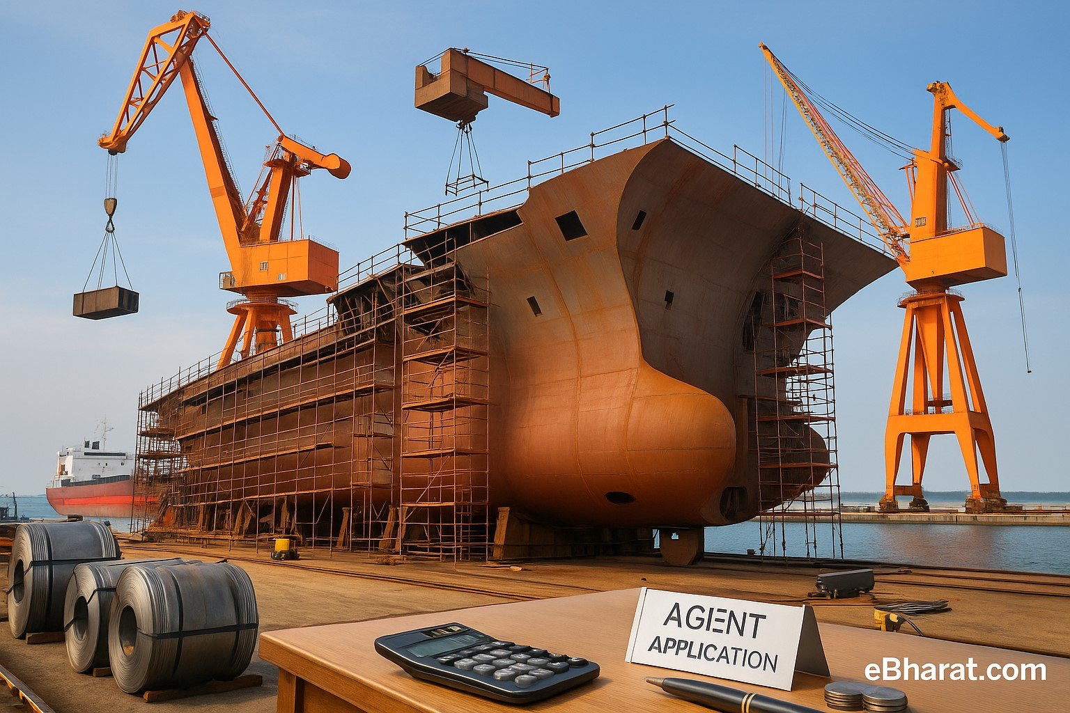 “Shipyard with cranes and a naval vessel under construction, representing Cabinet’s ₹69,725-crore shipbuilding package.”
