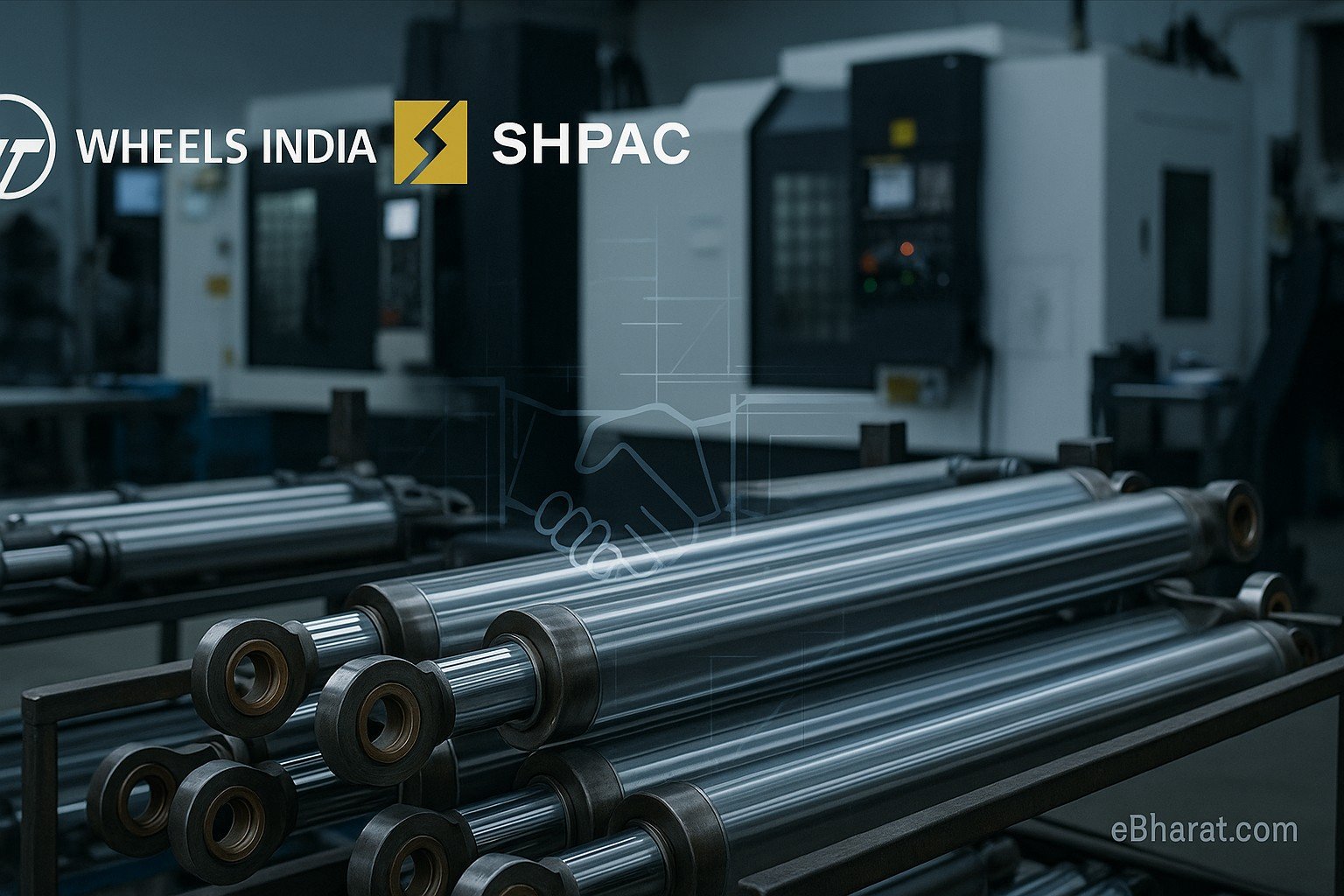 “Hydraulic-cylinder factory line with chrome rods on racks and CNC machines in the background, subtle handshake/blueprint overlay; Wheels India and SHPAC logos top-left; eBharat.com watermark bottom-right.”