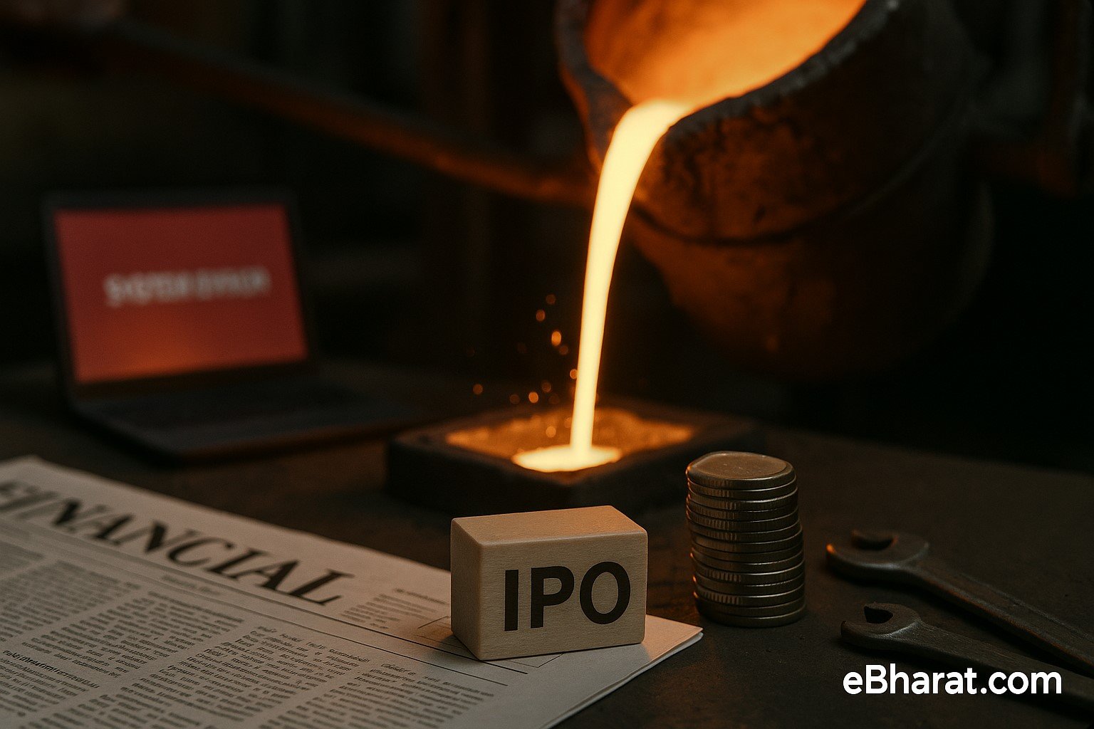 “Molten metal pouring in a casting unit with rupee coins and IPO symbol, representing KVS Castings SME IPO.”