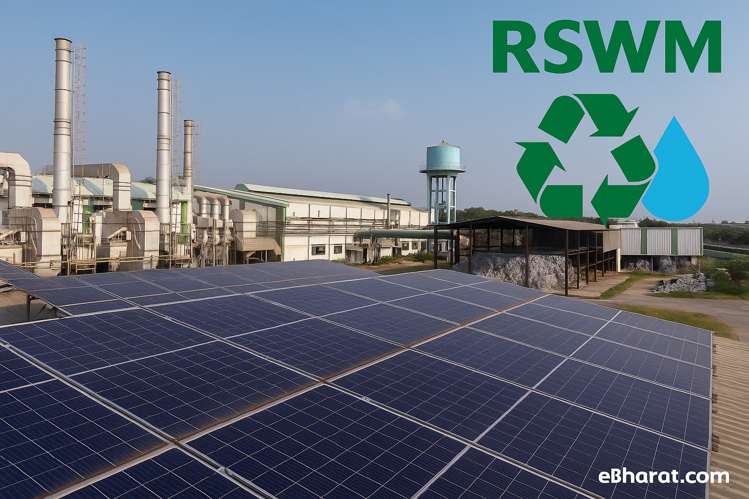 RSWM textile mill with rooftop solar panels, recycling icons, and water treatment pipes, representing sustainability and green energy initiatives.