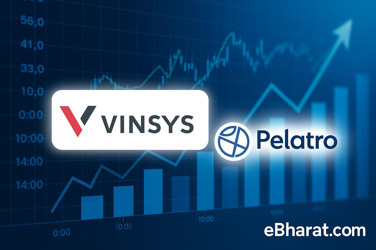 “Editorial image with laptop code for Vinsys, fintech dashboard tablet for Pelatro, rupee coins and stock chart on trading desk with blurred NSE ticker background.”